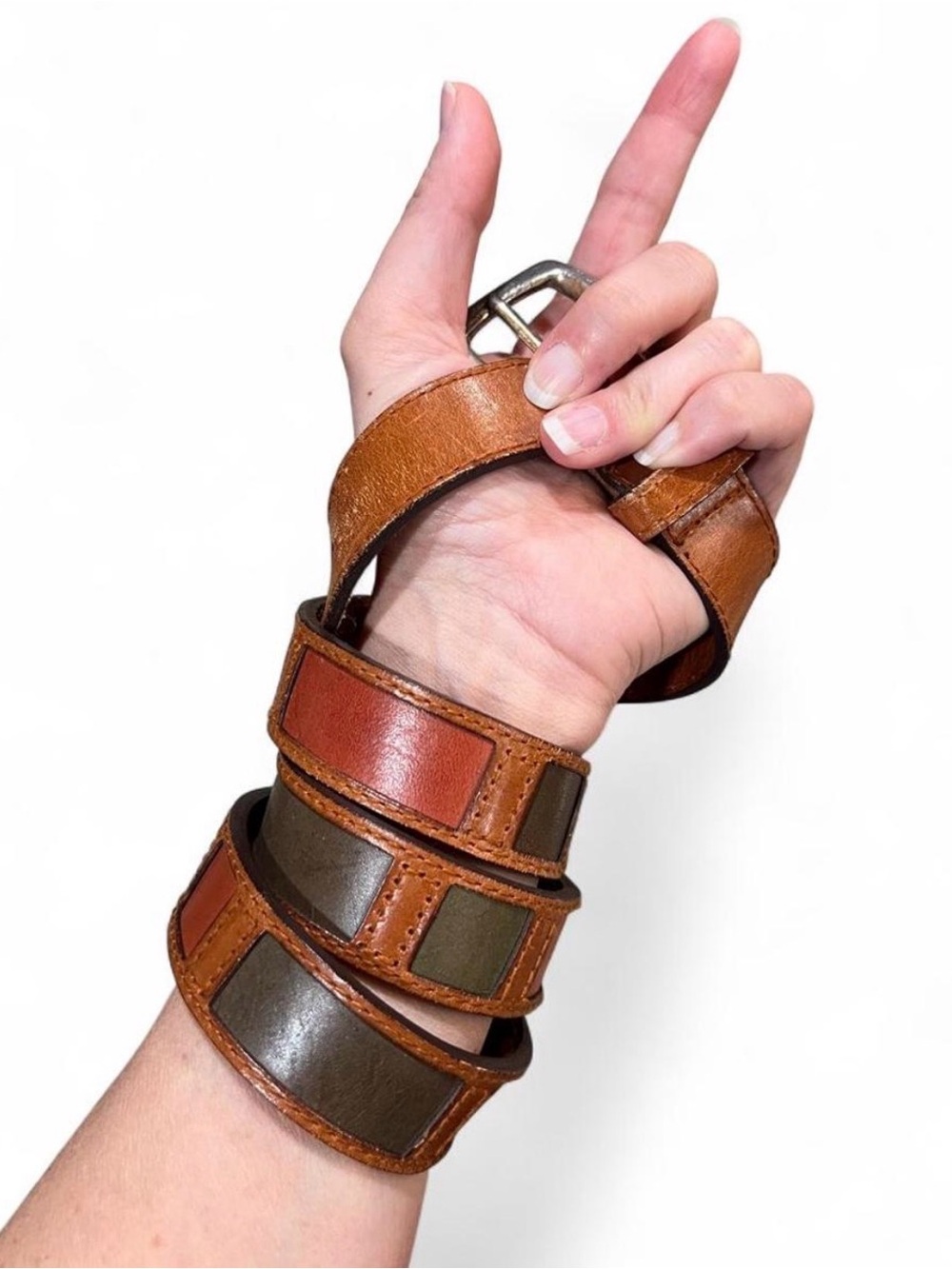 Vintage 90s Y2K Brown Leather Belt with Olive and Rust Inlays